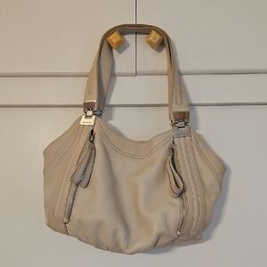 B. Makowsky Cream Leather Shoulder Bag with Silver Hardware